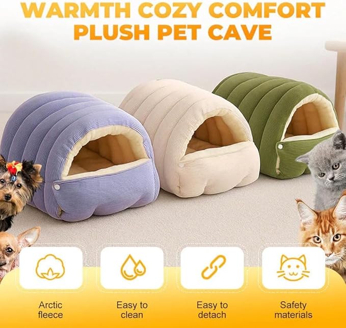 Winter Cave,Warmth Cozy Comfort Plush Pet Cave,Cute Cozy Safe Hideaway Cat Bed with Removable Cushion,Warm Soft Removable Washable for Cats and Dogs (Purple, M：17.71 * 11.81 * 7.48 in)