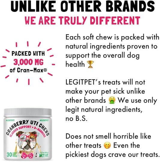 Cranberry UTI Chews for Dogs Bladder Support + D-Mannose Supports Kidney Urinary Tract and Bladder Health Natural Cranberry Wellness Supplement Immune System Booster Natural Pet Antioxidant 30 Chews