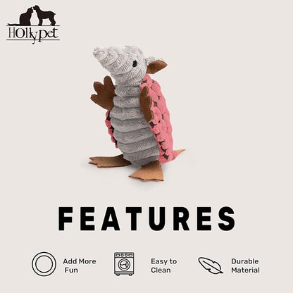 Hollypet Plush Dog Squeaky Toy Stuffed Armadillo Animal Pet Puppy Chew Toys with Clean Teeth for Small Medium Large All Breed Sizes Dogs, Bright Pink, 6 in