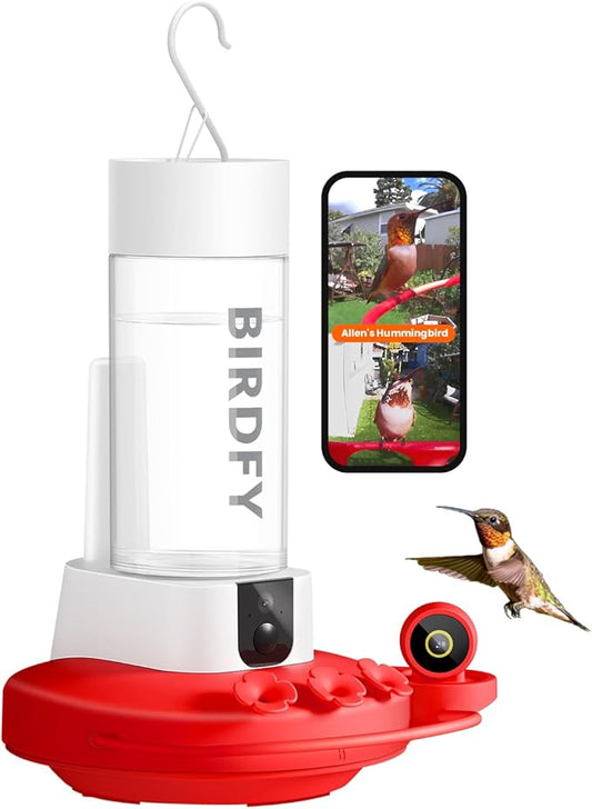 Birdfy Hummingbird Feeder with Dual Cameras AI Identify - 2K HD Smart Cameras, Close-Up Bird Video/Live Watching & Instant Notifications, Ant Moat & Leakproof - 20oz (Lifetime AI)
