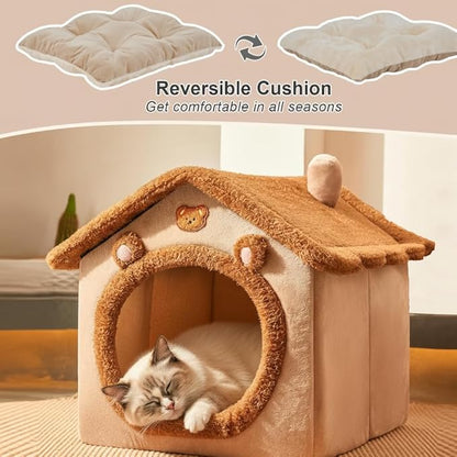 Cat Bed Cave, Cute Bear Shape Cat Beds for Indoor Cats, Cat House Cat Tent with Removable Cushion Pillow, Cat Condo Cat Cave for Kittens Puppy Small Dogs (Brown, 17.7 * 15.7 * 17.7 in)