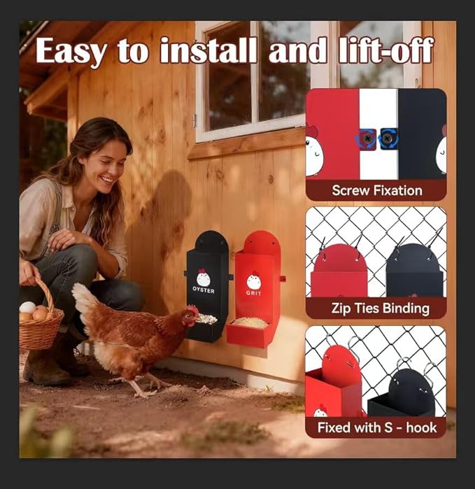 JND Chicken Grit and Oyster Shell Feeder Combo, Heavy Duty Metal Automatic Chicken Feeders，Stable Chicken Feeder - Anti-Tip Rod Included, Chicken Coop Accessories Built for Busy Keepers