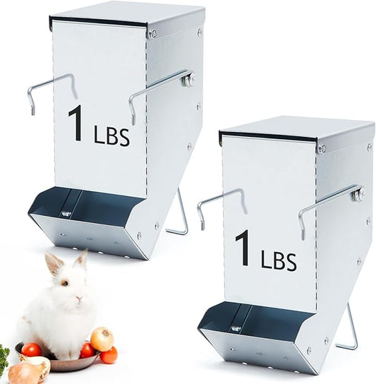 Maxcheck 2 Pcs Rabbit Feeder for Cages Small Animal Food Dispenser with Lid Metal Chicken Grit Oyster Shell Feeders Outside (3.2 Inches,Mesh Bottom,Silver)