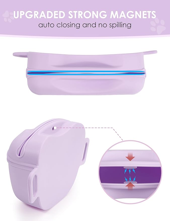 Dog Treat Pouch with Training Clicker, Upgrade Stronger Magnetic Closure to Avoid Spilling, 1.67 Cup Silicone Treat Bag Fanny Pack with Waist Belt for Pet Training Walking (Violet)