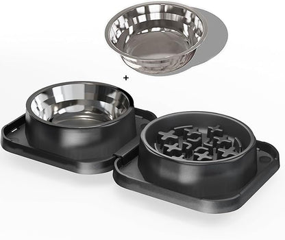 Set of 2 Stainless Steel Dog Food and Water Bowl with Puzzle Dish, Freely Combinable Feeding Set for Dogs Cats, Spill Proof Neater Dog Bowls, Pet Feeder Bowl for Puppy Small Breeds