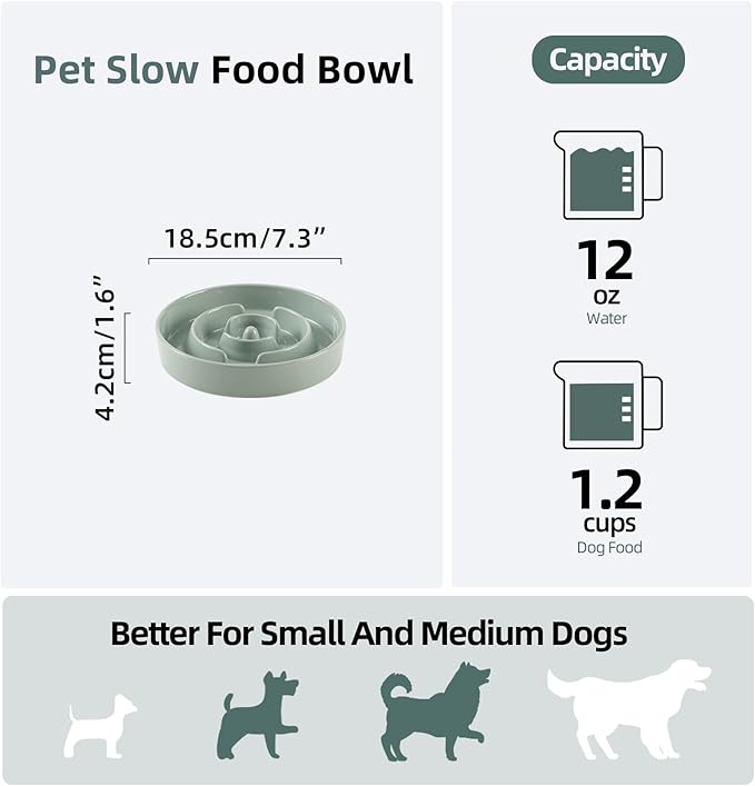 Ceramic 1.2 Cup Slow Feeder Dog Bowl for Medium and Small Breed, 7.3inch Puzzle Dog Food Dish, Anti-Gulping, Stop Bloat, Preventing Choking (Single Bowl-Light Green)
