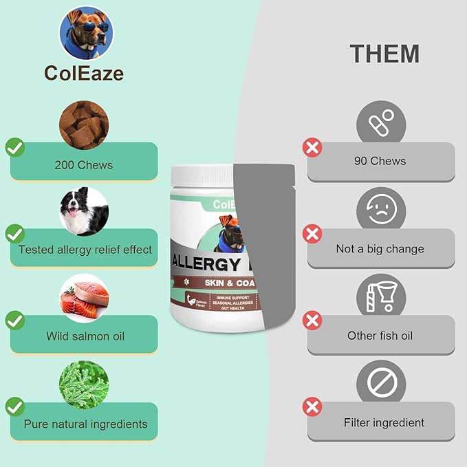 Dog Allergy Chews 200PCS Anti Itch Immune Treats Omega 3 Fish Oil Skin & Coat Supplement Dog Itching Relief with Probiotics Colostrum for Dry Skin Itching Licking Seasonal Allergies and Immune Support