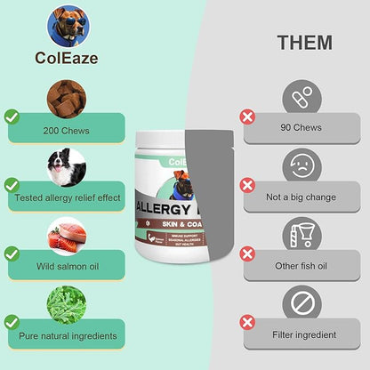 Dog Allergy Chews 200PCS Anti Itch Immune Treats Omega 3 Fish Oil Skin & Coat Supplement Dog Itching Relief with Probiotics Colostrum for Dry Skin Itching Licking Seasonal Allergies and Immune Support