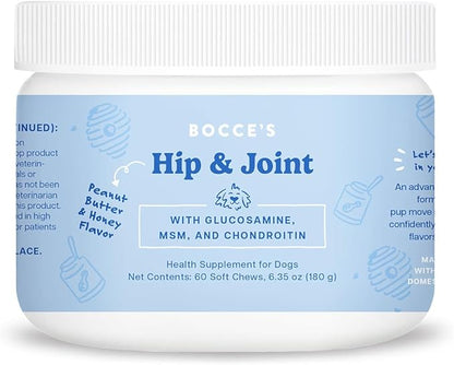 Bocce's Bakery Hip & Joint Supplement for Dogs, Daily Chews Made in The USA with Glucosamine, MSM, and Chondroitin, Supports Healthy Joints, Peanut Butter & Honey, 60 ct