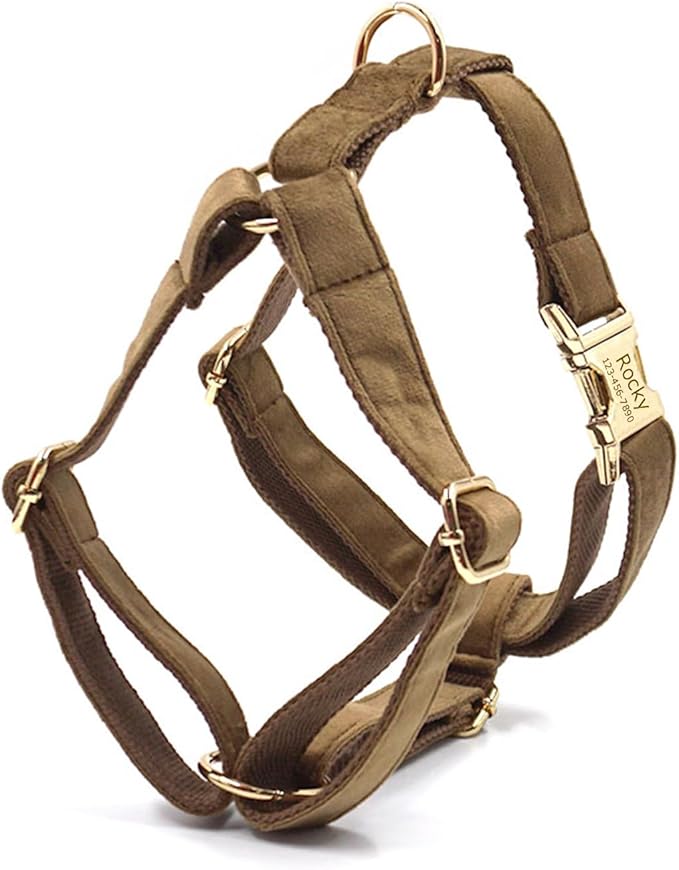 Personalized Velvet Dog Collars with Pet Name Phone Number Engraved, Custom Adjustable Soft Collar with Metal Buckle for Small Medium Large Dogs, Dog Leash and Bow Tie Available -Brown
