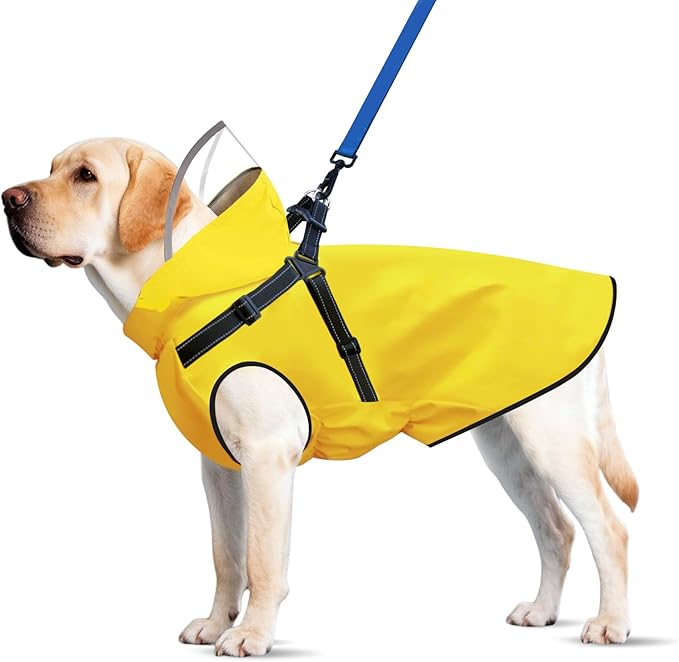 Dog Raincoat: Dog Rain Jacket with Reflective Harness & Removable Hood | Waterproof Dogs Rain Coat Poncho for Large Medium Small Dogs Puppies (Yellow - XL)
