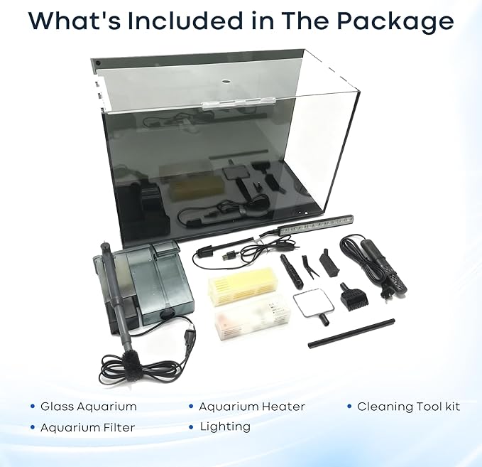 10 Gallon Aquarium Set Glass Fish Tank, Heater Self Cleaning System Filter with Media Bright Light Cleaning Tool, Leak-Proof Clear Rimless Betta Tropical Freshwater Fish