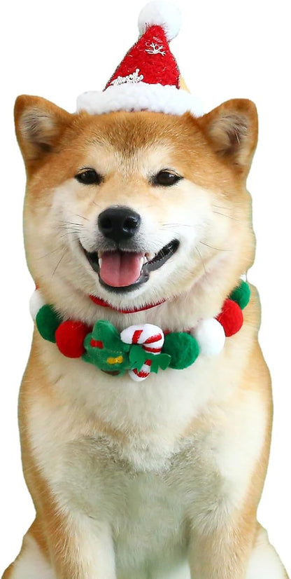 Elegant little tail Dog Christmas Costume 1PC Red Christmas Collar Soft Funny Pet Collars Headgear Adjustable Pom-Pom Headdress Cute Collar for Large Dog Pet Party Accessories Costume