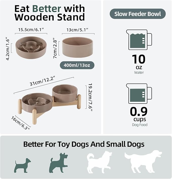 Ceramic 0.9 Cup Raised Slow Feeder Dog Bowl Set, Elevated 5.1inch Water Bowl and 6.1inch Puzzle Slow Pet Food Dish with Wooden Stand for Small Dog and Cat (2 x Brown Coffee+ Stand)