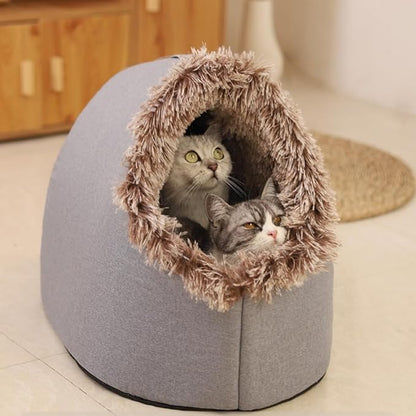 WinterWarmPet CaveBed, Warm Enclosed Pet Bed, Portable Cold-Proof Cozy Cat House Comfortable Anxiety-Relief Pillow Bed (Brown, Medium)