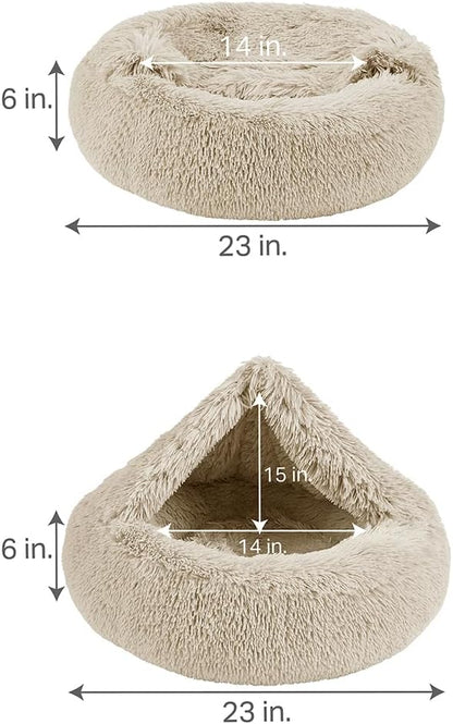 Friends Forever Luna Donut Cat Bed Cave, Soft Faux Fur Hooded Blanket Dog Couch For Indoor Pet, Fluffy Calming Plush Shag, Cozy Round Cushion, Machine Washable Cuddler, Self Warming, Tan, Small (23"x23"x6")
