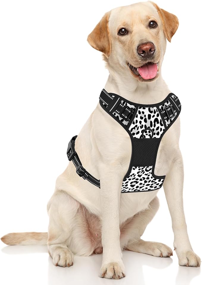 Rnivvi No Pull Dog Harness, Cute Leopard Reflective X-Large Sized Puppy Harness, Adjustable Soft Padded Vest for Large Dogs, Heavy Duty Pet Vest with Easy Control Handle for Walking Training, White