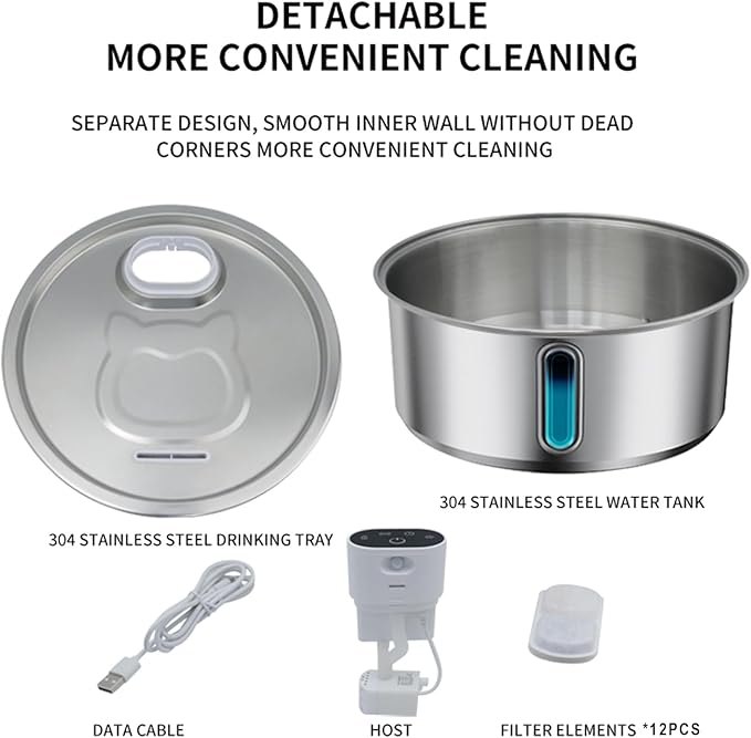 Wireless Cat Water Fountain Stainless Steel, Battery Operated, Cordless Pet Water Fountain for Cats & Dogs with Motion Sensor, Ultra Quiet Pump, 12 Filters (SS, 8L)