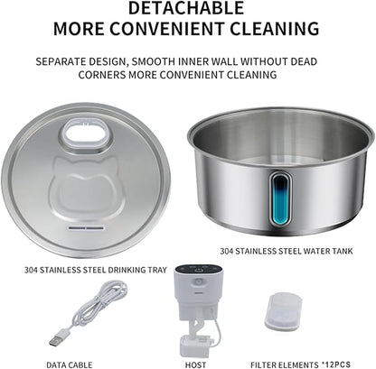 Wireless Cat Water Fountain Stainless Steel, Battery Operated, Cordless Pet Water Fountain for Cats & Dogs with Motion Sensor, Ultra Quiet Pump, 12 Filters (SS, 8L)