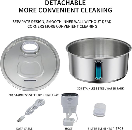 Wireless Cat Water Fountain Stainless Steel, Battery Operated, Cordless Pet Water Fountain for Cats & Dogs with Motion Sensor, Ultra Quiet Pump, 12 Filters (SS, 8L)