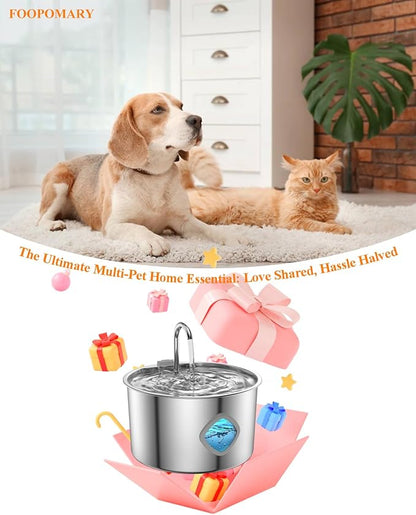 Cat Water Fountain Stainless Steel, 3.2L/108oz Automatic Pet Drinking Dispenser with Faucet & Flower Mode, Electric Metal Water Bowl for Indoor Cats S/M Dogs Pets, Quiet Waterer w/ 8 Filters & Sponges