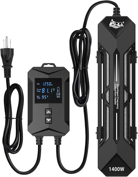 AQQA Aquarium Heater,64-95°F Fast Heating Double Quartz Glass Tube Fish Tank Heater,High-definition LCD Controller Displays Real-time Power,Anti-dry and Over-temperature Protection (1400W 260-380 Gal)