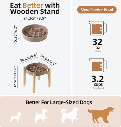 Ceramic 3.2 Cup Dog Raised Slow Feeder Set, Elevated Bowl with Wooden Stand for Large Dog, 9.5inch Slow Feeder Dish for Fast Easters, Anti-Gulping(Brown Coffee, Single Bowl+ Stand)