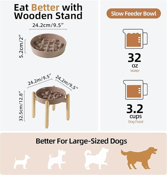 Ceramic 3.2 Cup Dog Raised Slow Feeder Set, Elevated Bowl with Wooden Stand for Large Dog, 9.5inch Slow Feeder Dish for Fast Easters, Anti-Gulping(Brown Coffee, Single Bowl+ Stand)