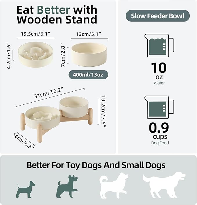 Ceramic 0.9 Cup Raised Slow Feeder Dog Bowl Set, Elevated 5.1inch Water Bowl and 6.1inch Puzzle Slow Pet Food Dish with Wooden Stand for Small Dog and Cat, Anti-Gulping (2 x Beige+ Stand)