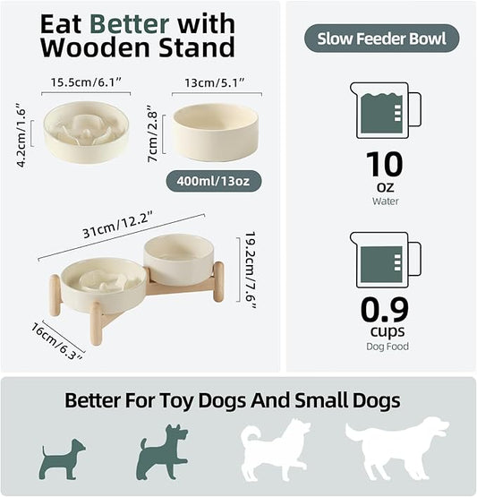 Ceramic 0.9 Cup Raised Slow Feeder Dog Bowl Set, Elevated 5.1inch Water Bowl and 6.1inch Puzzle Slow Pet Food Dish with Wooden Stand for Small Dog and Cat, Anti-Gulping (2 x Beige+ Stand)