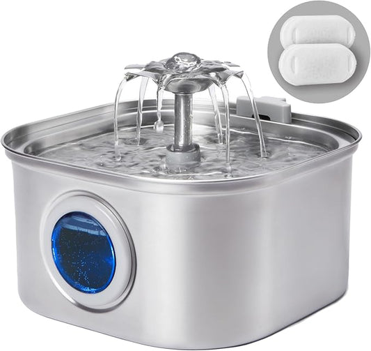 Stainless Steel Cat Water Fountains 3.2L with Water Level Window & 2 Filters,Ultra Quiet Cat Fountains for Drinking,Pet Water Fountain for Indoor,Automatic Water Dispenser for Cats/Dogs
