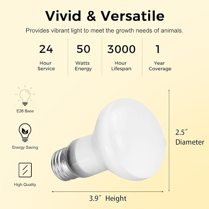 MISDOOD Reptile Heat Lamp 50W, 2 Pack Daylight UVA Basking Light Bulbs with E26 Base for Lizards, Turtles, Snakes and Amphibians