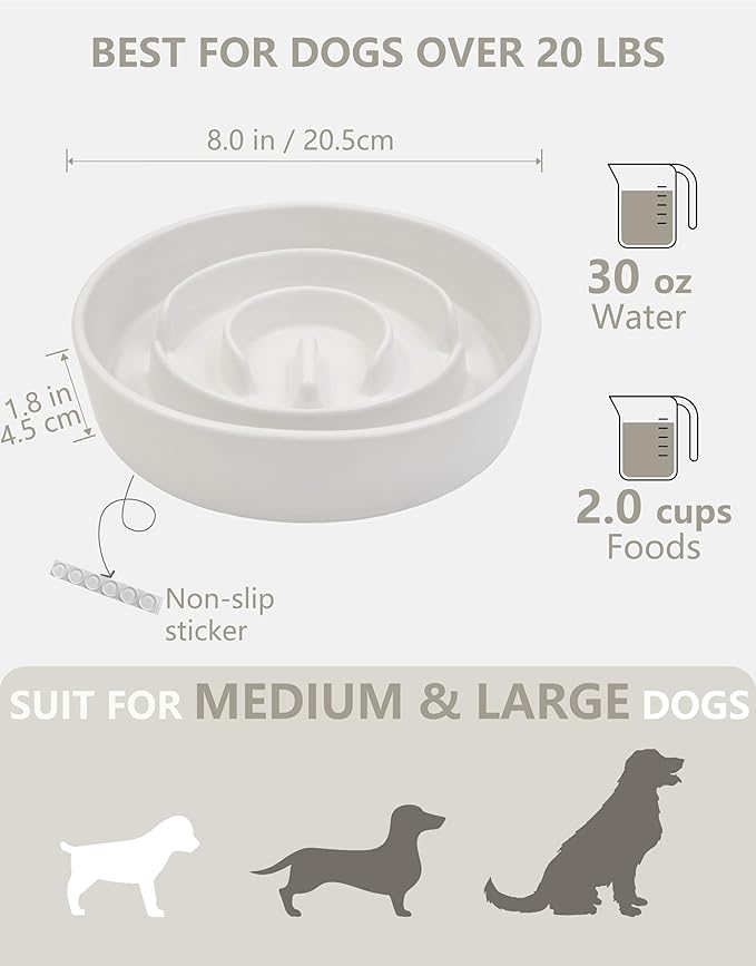 Ceramic Slow Feeder Dog Bowls, 2.0 Cups Slow Feeder for Medium and Large Dogs, Puzzle Maze Bowl to Slow Down Eating, 30oz, 8in, White
