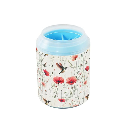 Dog Paw Cleaner Cups for Dogs Pets Foot Washer Paw Scrubber for Medium Small Cats Dogs Cleaning Cup Poppy Flowers and Hummingbirds Beige
