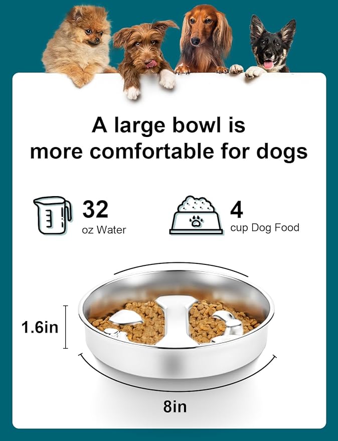 Slow Feeder Dog Bowls，8.2-inch Diameter Dog Slow Feeder Bowl，304 Stainless Steel Heavy Duty with Non-Slip Rubber Base，4Cups Capacity for Medium & Large Dogs to Slow Down Eating