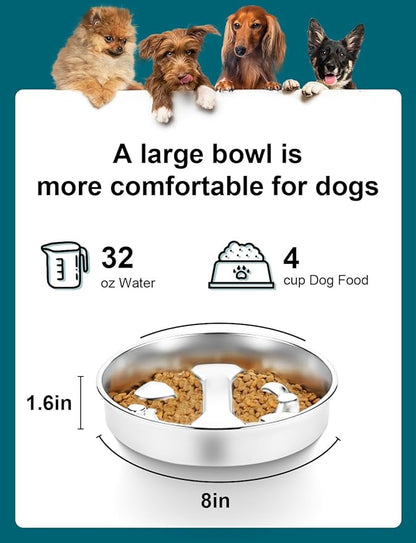 Slow Feeder Dog Bowls，8.2-inch Diameter Dog Slow Feeder Bowl，304 Stainless Steel Heavy Duty with Non-Slip Rubber Base，4Cups Capacity for Medium & Large Dogs to Slow Down Eating