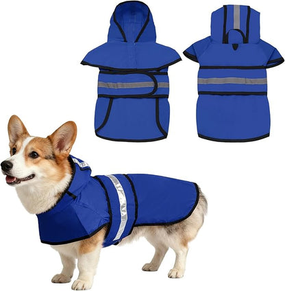 Dog Raincoat, Dog Rain Jacket Waterproof Jacket Reflective Adjustable Hooded Pet Rain Coat with Leash Hole, (Blue, S), Intended for Large Medium Small Puppies