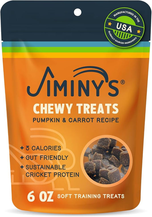 Jiminy's Chewy Cricket Training Treats for Dogs, Low Calorie, Hypoallergenic, Made in USA, 6oz, Pumpkin & Carrot (Pack of 1)