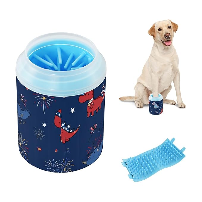Dog Paw Cleaner Cups for Dogs Pet Foot Washer Paw Scrubber for Medium Small Dogs Cats Cleaning Cup July 4th Holiday Dinosaurs and Stars