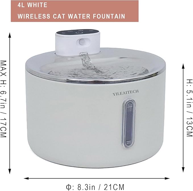 Wireless Cat Water Fountain Stainless Steel, 135oz/4L Cat Fountain, Battery Operated, Cordless Pet Water Fountain for Cats & Dogs with Motion Sensor, Ultra Quiet Pump, 12 Filters (White, 4L)