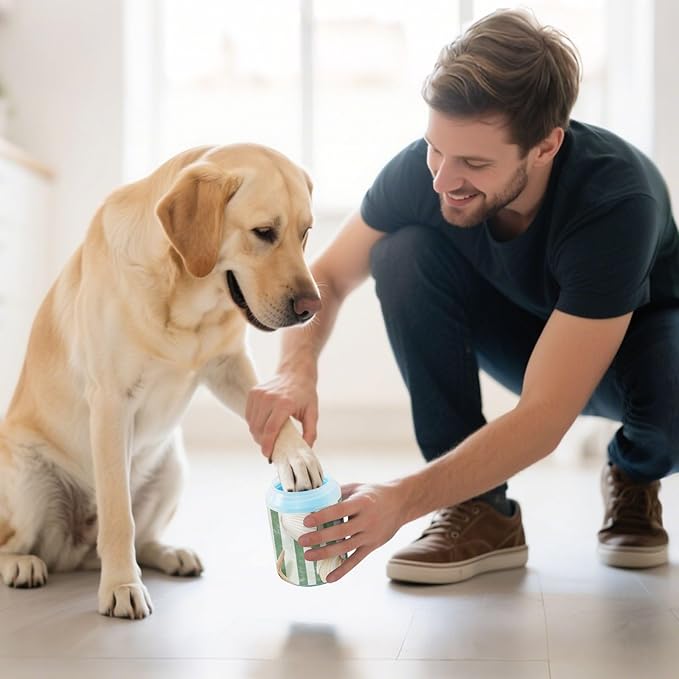 Dog Paw Cleaner Cups for Dogs Pets Foot Washer Paw Scrubber for Medium Small Dogs Cats Cleaning Cup Green and White Stripes Starfishes and Seashells
