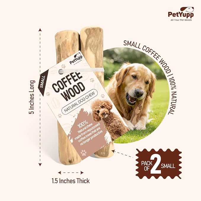 Natural Coffee Wood Dog Chew Small, 2 Count - Promotes Dental Health, Reduces Tartar & Chewing Exercise for Aggressive Chewers, Small, Medium & Large Dogs - Safe Chew Toy for Puppy