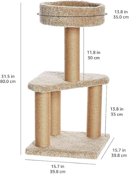 Amazon Basics Cat Tree - Multi-Level Climbing Activity Tower with Jute Rope Scratching Posts for Indoor Cats & Kittens, Medium (31.5" H), Beige