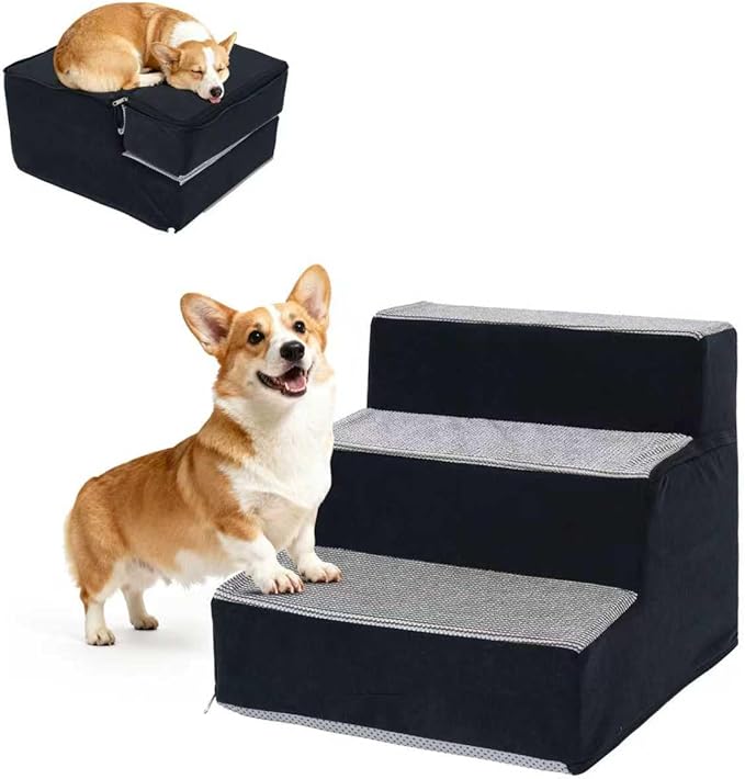 Dog Stairs for Small Dogs and Cats 14" H 3-Step Dog Steps for High Bed Couch and Sofa High-Density Foam Pet Stairs with Supporting Board Pet Steps with Non-Slip Bottom Washable Cover