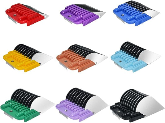 Professional Animal Stainless Steel Attachment 9 Color Guide Comb Set,Compatible with Andis, Oster A5, Wahl KM Series Clipper Detachable Blade Pet, Dog, Cat, and Horse Clippers