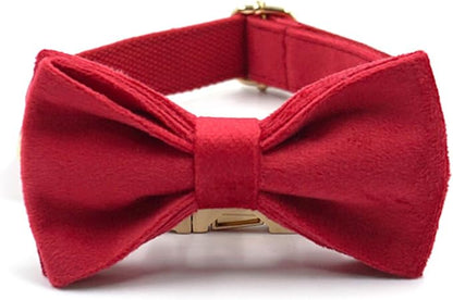 Personalized Velvet Dog Collars with Pet Name Phone Number Engraved, Custom Adjustable Soft Collar with Metal Buckle for Small Medium Large Dogs, Dog Leash and Bow Tie Available -Red