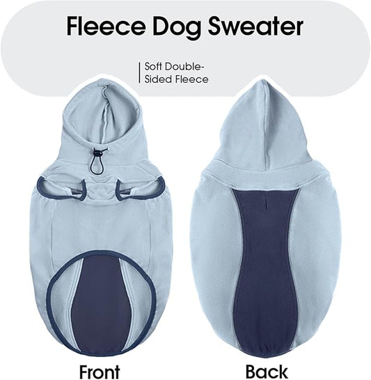 Fleece Dog Sweater - Stretch Warm Dog Fleece Jacket Vest Sweatshirt with Hood, Leash Hole, Sleeveless & Reflective - Soft Pullover Hoodie for Medium Large Dogs, Fall & Winter Walks - Blue 4XL