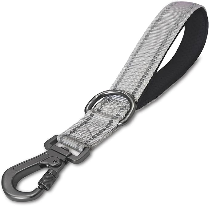 12” Short Dog Leash, Reflective Nylon Padded Handle, Heavy Duty Strong Traffic Leash with Carabiner Clip, Perfect for Large or Medium Dogs (Gray, 12 Inch)