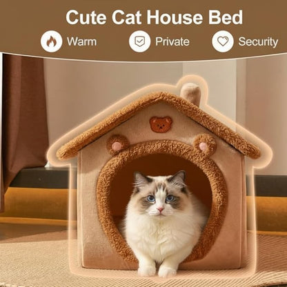 Cat Bed Cave, Cute Bear Shape Cat Beds for Indoor Cats, Cat House Cat Tent with Removable Cushion Pillow, Cat Condo Cat Cave for Kittens Puppy Small Dogs (Brown, 17.7 * 15.7 * 17.7 in)