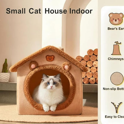 Cat Bed Cave, Cute Bear Shape Cat Beds for Indoor Cats, Cat House Cat Tent with Removable Cushion Pillow, Cat Condo Cat Cave for Kittens Puppy Small Dogs (Brown, 17.7 * 15.7 * 17.7 in)